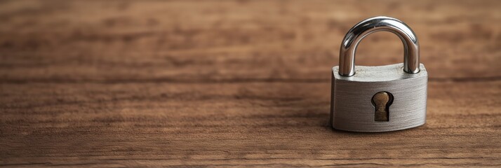 A shiny silver padlock rests on a wooden surface, symbolizing security and protection, evoking feelings of safety and stability in a minimalist setting.