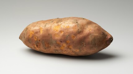 A single sweet potato rests on a neutral surface