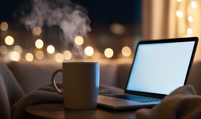 Fototapeta premium Cozy Home Workspace with Laptop and Hot Drink