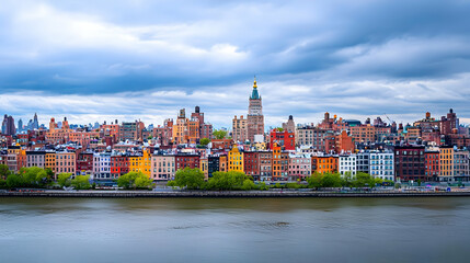 Fototapeta premium Colorful City Buildings Along a Riverfront Under a Cloudy Sky Displaying a Panoramic Urban Landscape