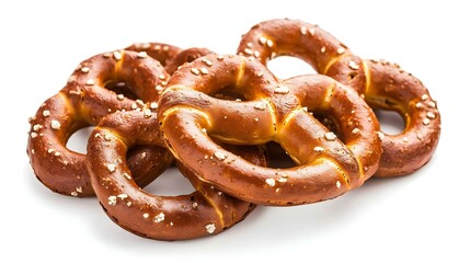 Fresh pretzels arranged on white background