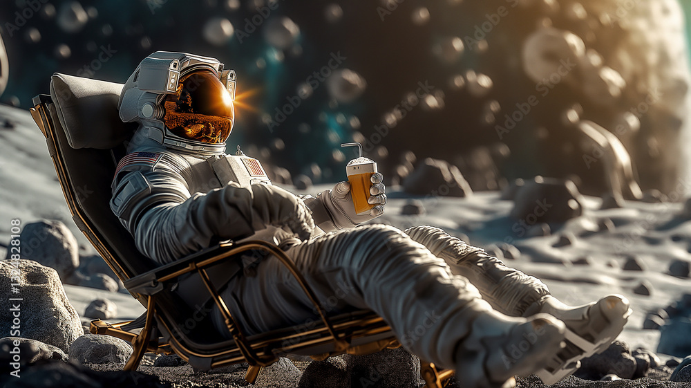 Poster this relaxed astronaut sips a drink while lounging on a chair amidst lunar terrain and asteroids.