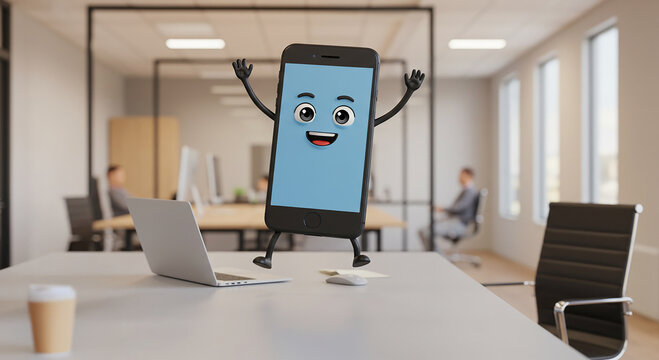 Tel&eacute;fono m&oacute;bil estilo personaje cartoon. Est&aacute; en una oficina saludando feliz.
