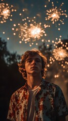 Portrait of a young man with fireworks lighting the night sky, adding drama and celebratory vibe.