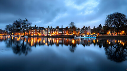 Fototapeta premium Cityscape At Night With River Reflection Of Illuminated Buildings And Trees Under Cloudy Blue Sky Panorama View