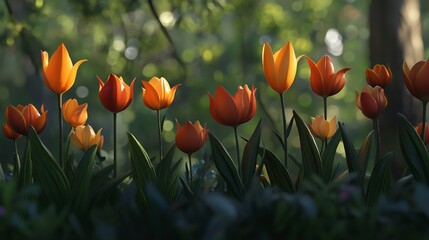 Sunlit orange tulips blooming in forest garden