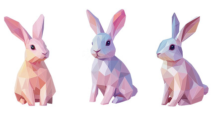 Obraz premium Illustration, set of Low-poly 3D bunny in pastel tones, modern digital aesthetic, clean angles, sleek and artistic composition, isolated on transparent background. Design element for easter card.