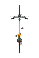 Orange bicycle, top view. Black leather saddle and handles. Png clipart isolated on transparent...