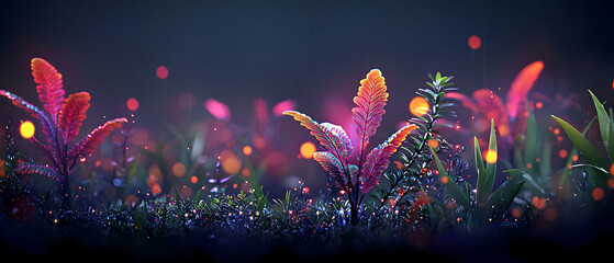 Glowing Plants in an Enchanted Forest at Night Colorful Magical Flora in a Dreamlike Ethereal Surreal and Beautiful 3D Rendered Illustration