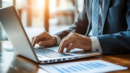 Professional working on laptop with data charts, dressed in suit in office environment with sunlight.