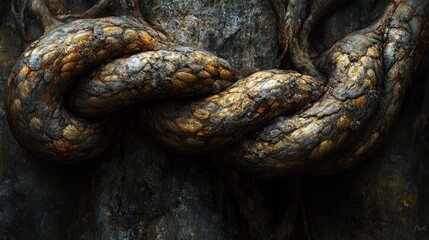 Twisted Roots on Dark Stone, Nature's Knot, Background is Rocky
