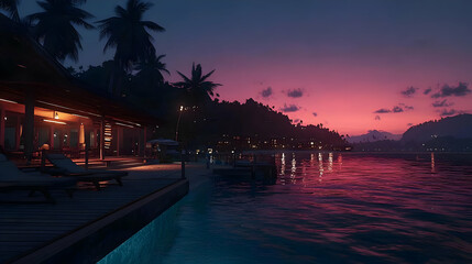 Fototapeta premium Twilight Sunset View Over Tropical Ocean Beachfront Property With Wooden Dock And Ambient Lighting