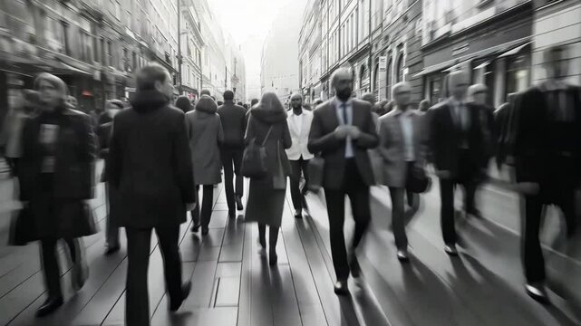 crowd street people walking motion defocused white black color realistic ai generated video concept