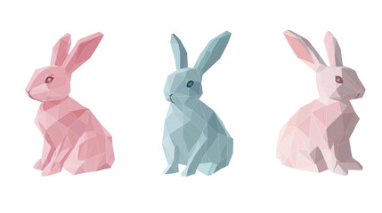 Obraz premium Illustration, set of Low-poly 3D bunny in pastel tones, modern digital aesthetic, clean angles, sleek and artistic composition, isolated on transparent background. Design element for easter card.