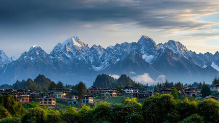 Panoramic View of Majestic Snow-Capped Himalayan Mountain Range and Village in Uttarakhand India During a Misty Morning