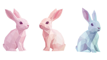 Fototapeta premium Illustration, set of Low-poly 3D bunny in pastel tones, modern digital aesthetic, clean angles, sleek and artistic composition, isolated on transparent background. Design element for easter card.