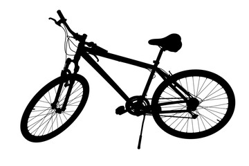 Fototapeta premium Black silhouette of bicycle standing while leaning on kickstand, top view. Bike resting on kick stand isolated on white background, 3D illustration