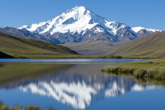 Majestic mountain reflected in tranquil lake. Snow-capped peak dominates the landscape, mirrored perfectly in the still waters. Lush green valleys surround the serene scene