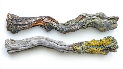 Two weathered branches, horizontal, against white background, nature detail