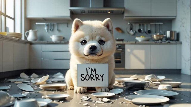 cute guilty akita inu puppy in the kitchen among broken dishes with a sign saying i'm sorry