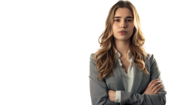 Confident businesswoman crossing arms on transparent background