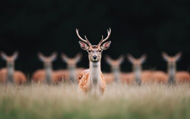 Herd of Deer in a Field at Dusk
