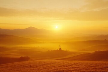 Golden sunrise illuminates endless fields of ripe crops in tranquil landscape at dawn Generative AI