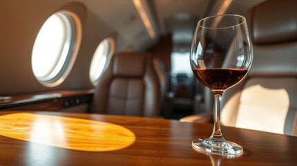 Elegant wine glass on a private jet, luxury travel. Interior view featuring comfortable leather seating.