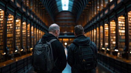 Two people walk through a grand library, surrounded by towering shelves of books. The warm glow of the shelves illuminates their journey as they appreciate the serene beauty