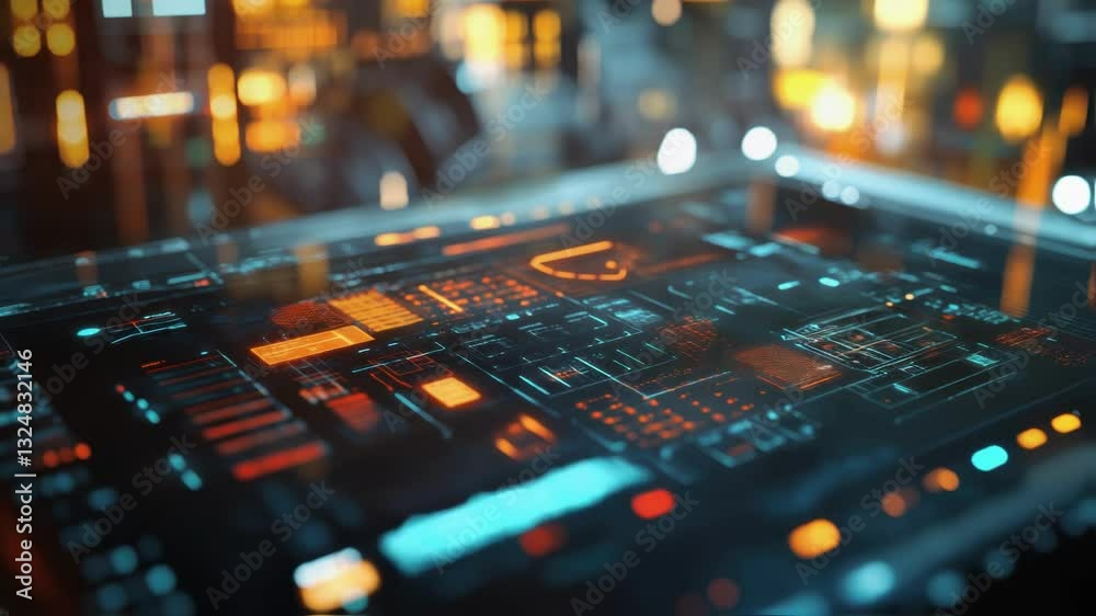 Poster displaying complex data and schematics on a futuristic control panel, highlighting advanced technolo