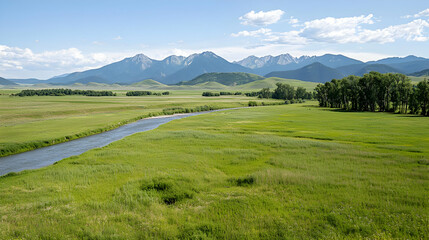 Wide Green Landscape With River Flowing Through Valley Under Blue Sky White Cloud and Distant Mountains