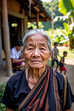 Portrait of elderly woman in traditional clothing standing outside rural home with children playing in background