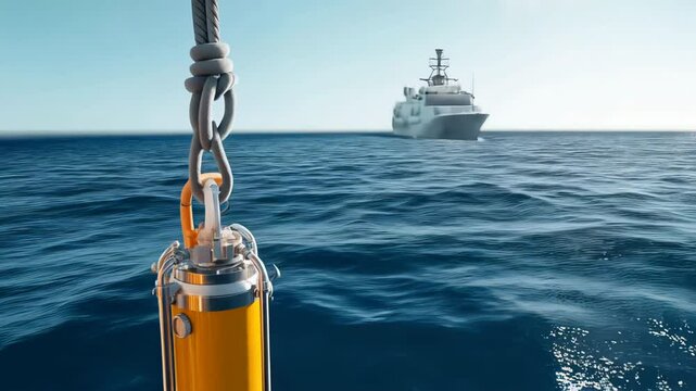Oceanographic research: device suspended over sea Scientific fieldwork Data collection for climate study