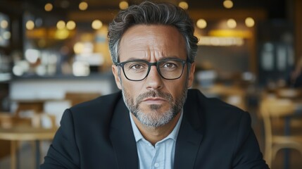 Obraz premium Confident Businessman in Cafe with Glasses and Beard Contemplating Future Opportunities
