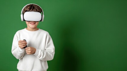 Youth experiences immersive virtual reality gaming, fully engaged with VR glasses and headphones in a bright green setting