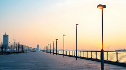 Panoramic View Of A City Promenade At Sunset With Street Lights And Buildings Reflecting On The Water Surface