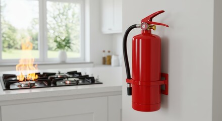 Obraz premium Red fire extinguisher in the kitchen, harmoniously blended with the interior