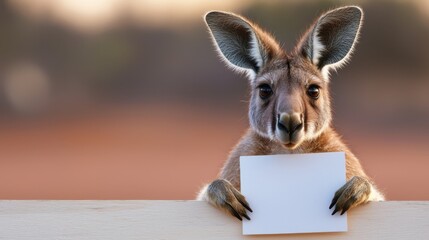 A kangaroo stands upright, holding a blank sign with its paws against a wooden fence. The warm sunset casts a gentle glow over the outback landscape