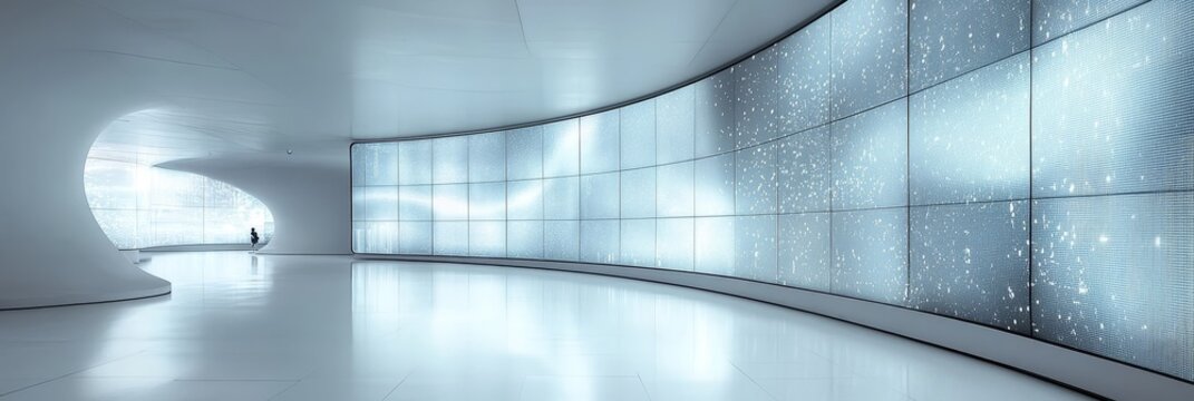 Futuristic White Interior. Empty Room With Giant Media Wall With Patterned Blank Screens. - Powered by Adobe