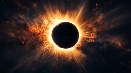 A stunning digital portrayal of a solar eclipse, showcasing a darkened sun surrounded by radiant corona and striking light rays in a cosmic setting. Ecliptic Light. Illustration