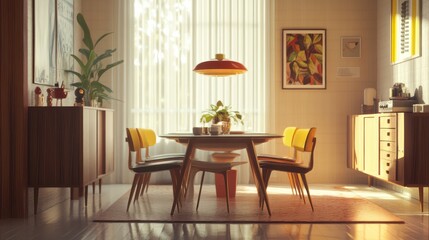 An interior dining room with retro furniture and natural lighting