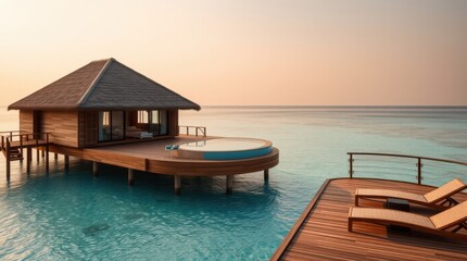 Tropical overwater bungalow with private pool offers an idyllic escape into tranquil turquoise waters.