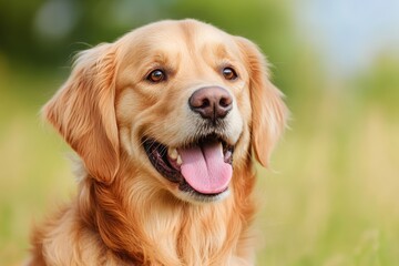 Golden Retriever in Sunlit Field: Happy Canine in Natural Setting