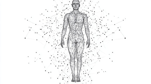 Human body. Isolated black vector illustration in low-poly style on a white background. The drawing consists of thin lines and dots. Polygonal image on topics of science or medicine. Low poly EPS.