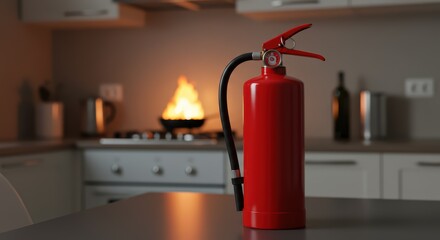 Obraz premium Red fire extinguisher in the kitchen, harmoniously blended with the interior
