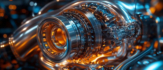 Gleaming metallic engine, intricate gears & bearings