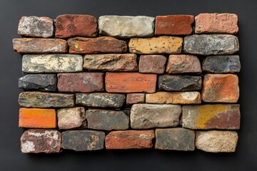 Fototapeta premium A wall of reclaimed, multi-colored bricks with varying textures and shapes.
