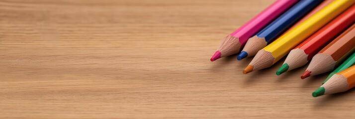 Obraz premium A box filled with an array of colorful pencils arranged neatly on a wooden surface, symbolizing creativity and the artistic journey waiting to be explored.