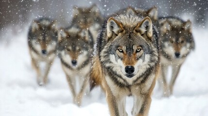 Obraz premium A pack of wolves traverses a snowy area amidst falling snowflakes. The lead wolf displays keen focus while the others follow closely behind, creating an atmosphere of wilderness
