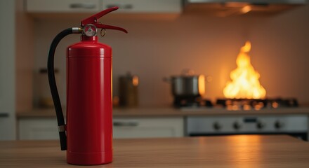 Fototapeta premium Red fire extinguisher in the kitchen, harmoniously blended with the interior